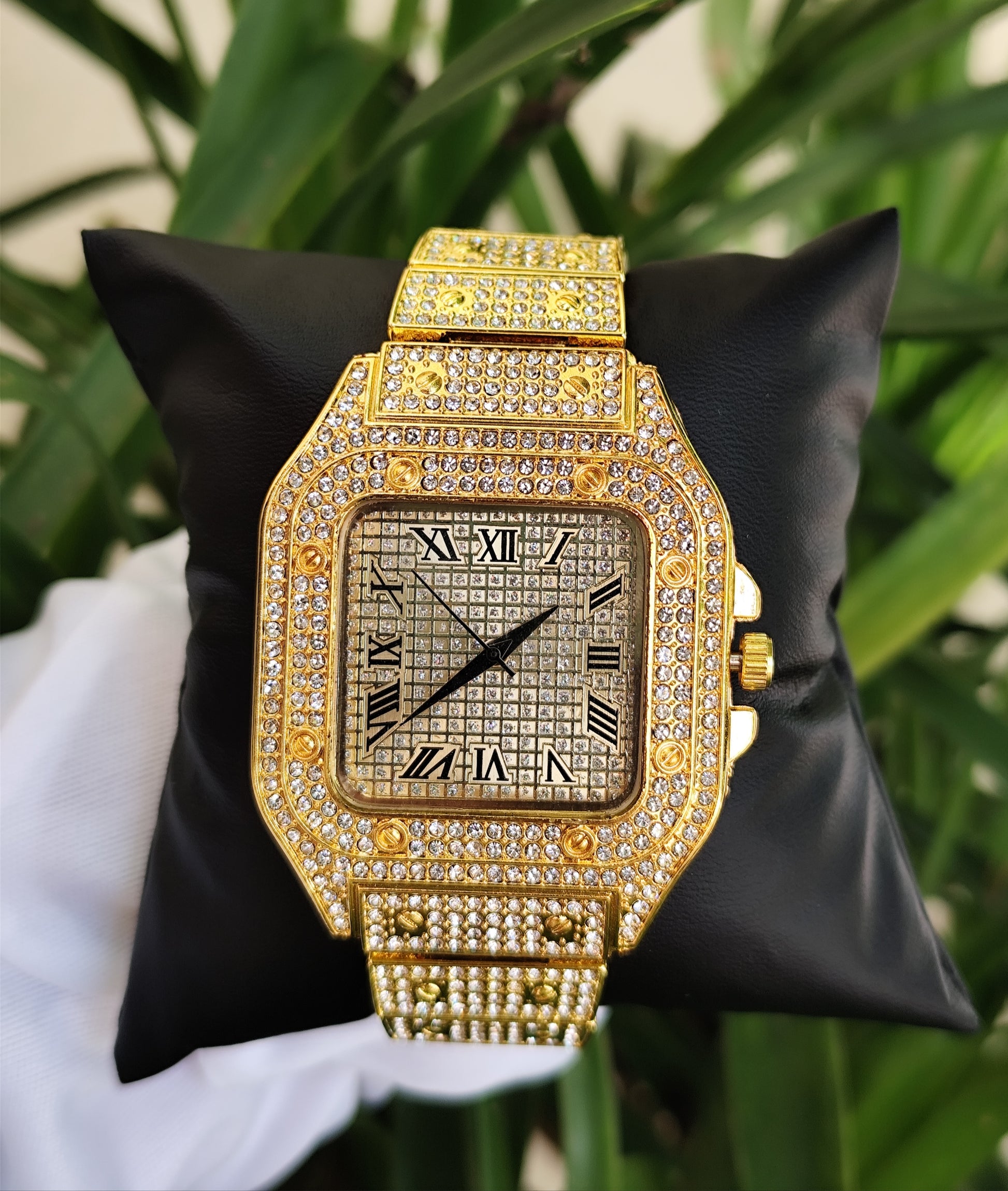 Reloj de lujo de cuarzo esfera cuadrada tipo Santos con diamantes. - Iced Out Watches
