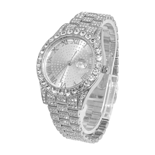 Reloj de lujo de cuarzo de plata y esfera redonda tipo Datejust con diamantes.