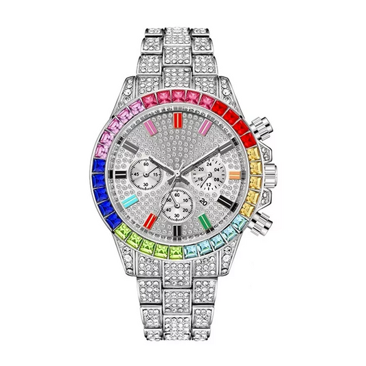 Reloj de lujo de cuarzo tipo daytona con diamantes en colores.