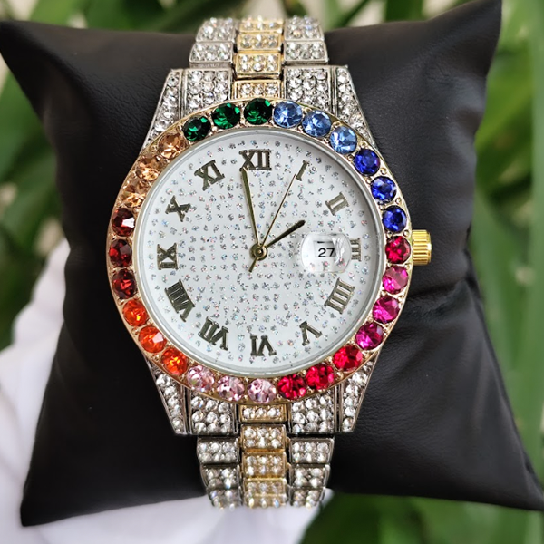 Reloj de lujo de cuarzo de plata con oro tipo datejust con diamantes en colores. - Iced Out Watches