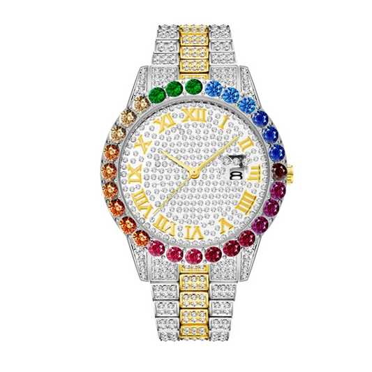 Reloj de lujo de cuarzo de plata con oro tipo datejust con diamantes en colores.